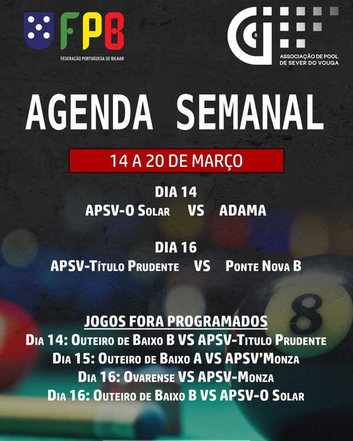14, 15, 16 março agenda semanal APSV pool