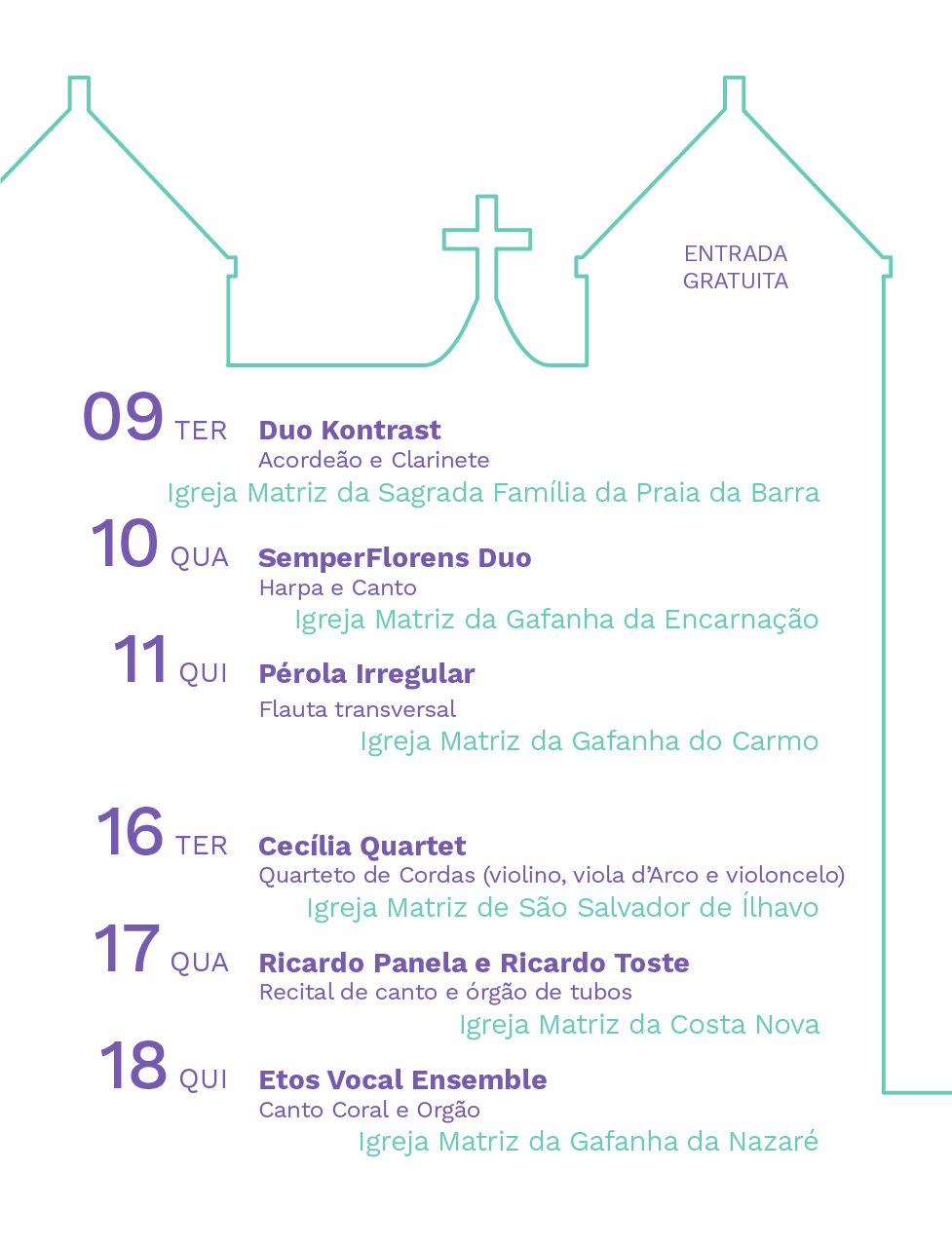 cartaz com programação do evento "Concertos no Natal", de 9 a 16 de dezembro, nas igrejas de Ílhavo