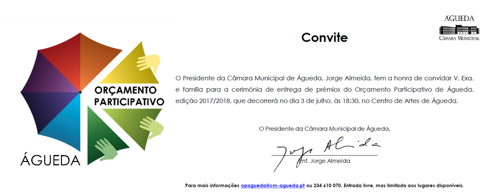 Cerimónia de entrega de prémios da edição 2017/2018 do Orçamento Participativo de Águeda!