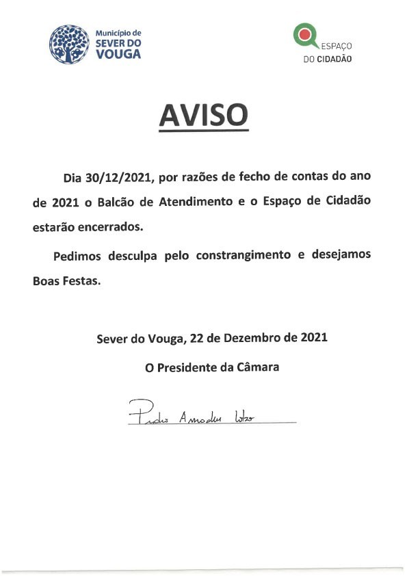 AVISO - Encerramento do Balção de Atendimento e Espaço Cidadão 