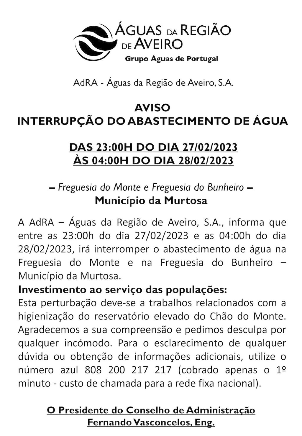 AVISO – INTERRUPÇÃO DO ABASTECIMENTO DE ÁGUA