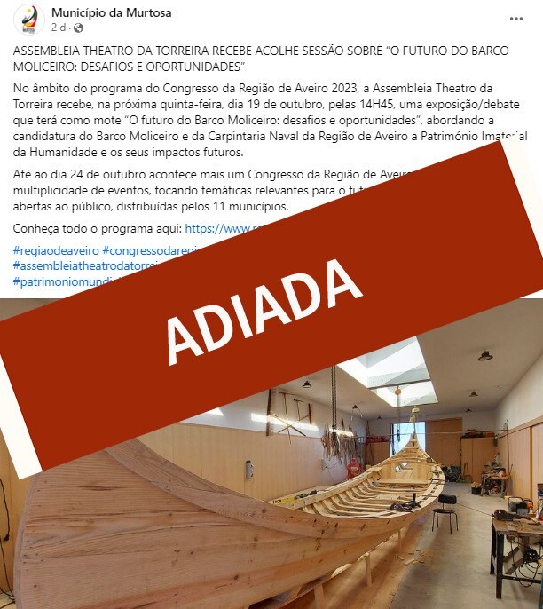 ADIAMENTO DA SESSÃO "O FUTURO DO BARCO MOLICEIRO: DESAFIOS E OPORTUNIDADES"