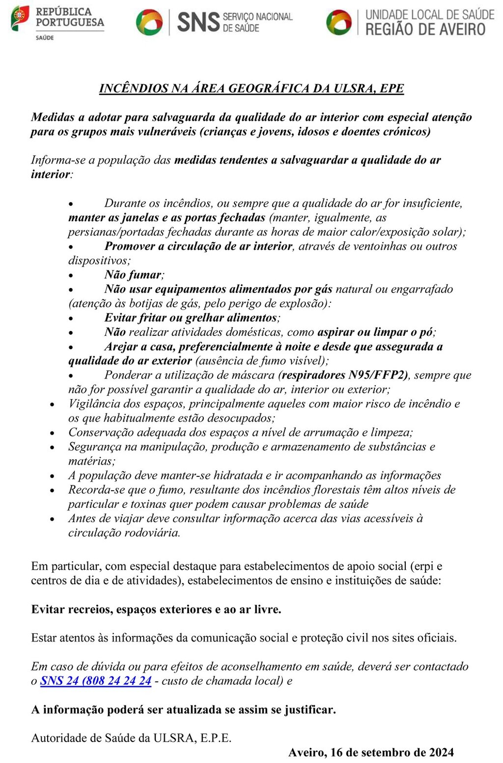 UNIDADE LOCAL DE SAÚDE DA REGIÃO DE AVEIRO - INFORMAÇÃO À POPULAÇÃO