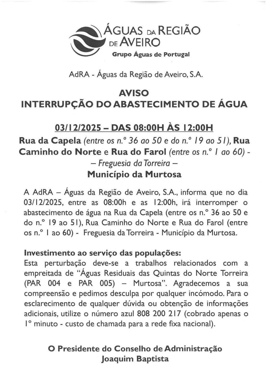 AVISO ADRA - INTERRUPÇÃO DO ABASTECIMENTO DE ÁGUA | 03/12/2025