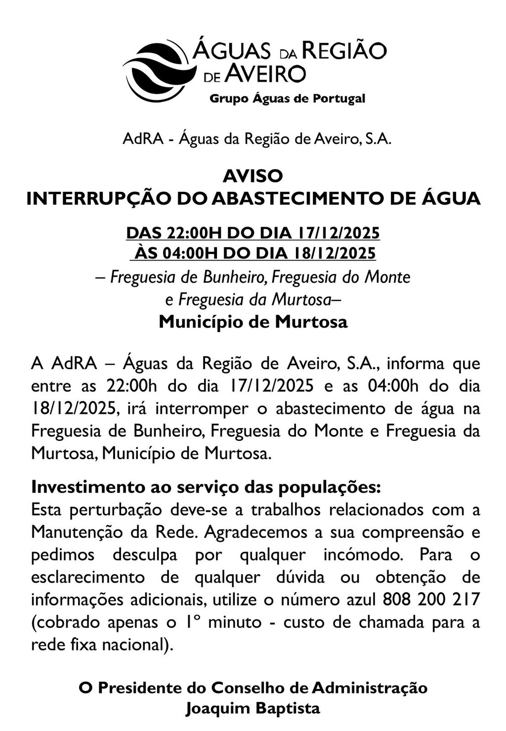 AVISO ADRA - INTERRUPÇÃO DO ABASTECIMENTO DE ÁGUA | 17/12/2025 & 18/12/2025