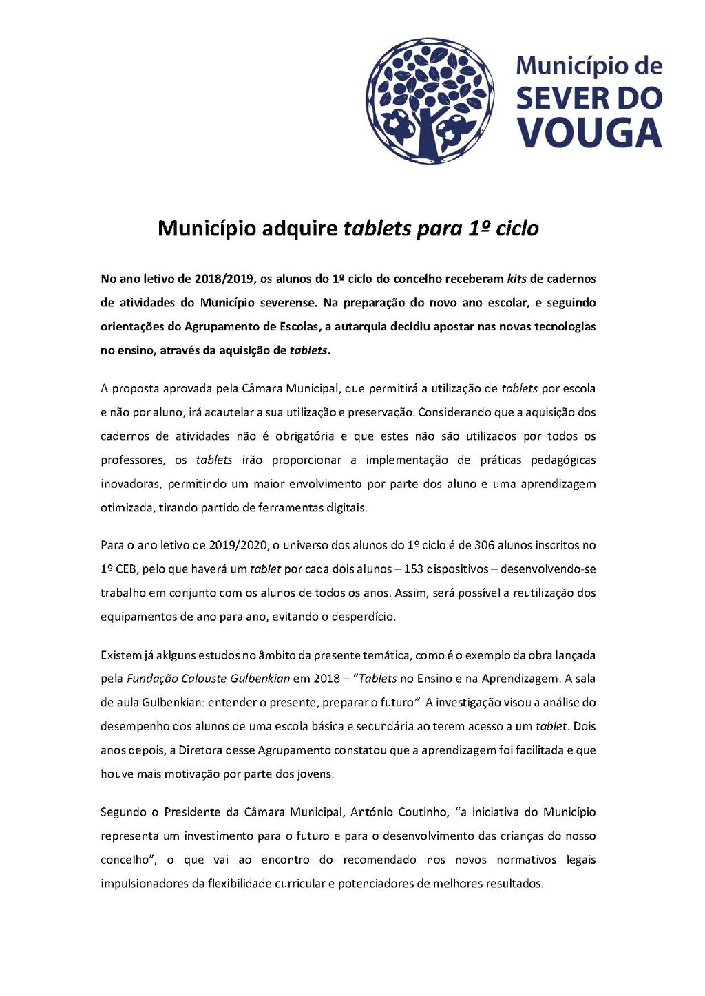 Município adquire tablets para 1º ciclo