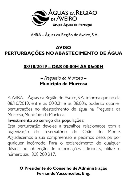 ÁGUAS DA REGIÃO DE AVEIRO - PERTURBAÇÕES NO ABASTECIMENTO DE ÁGUA