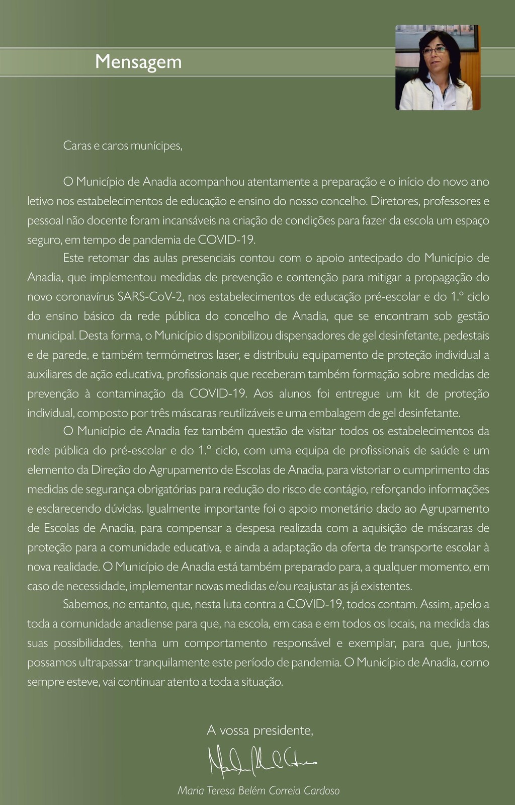 Mensagem da presidente da Câmara Municipal de Anadia