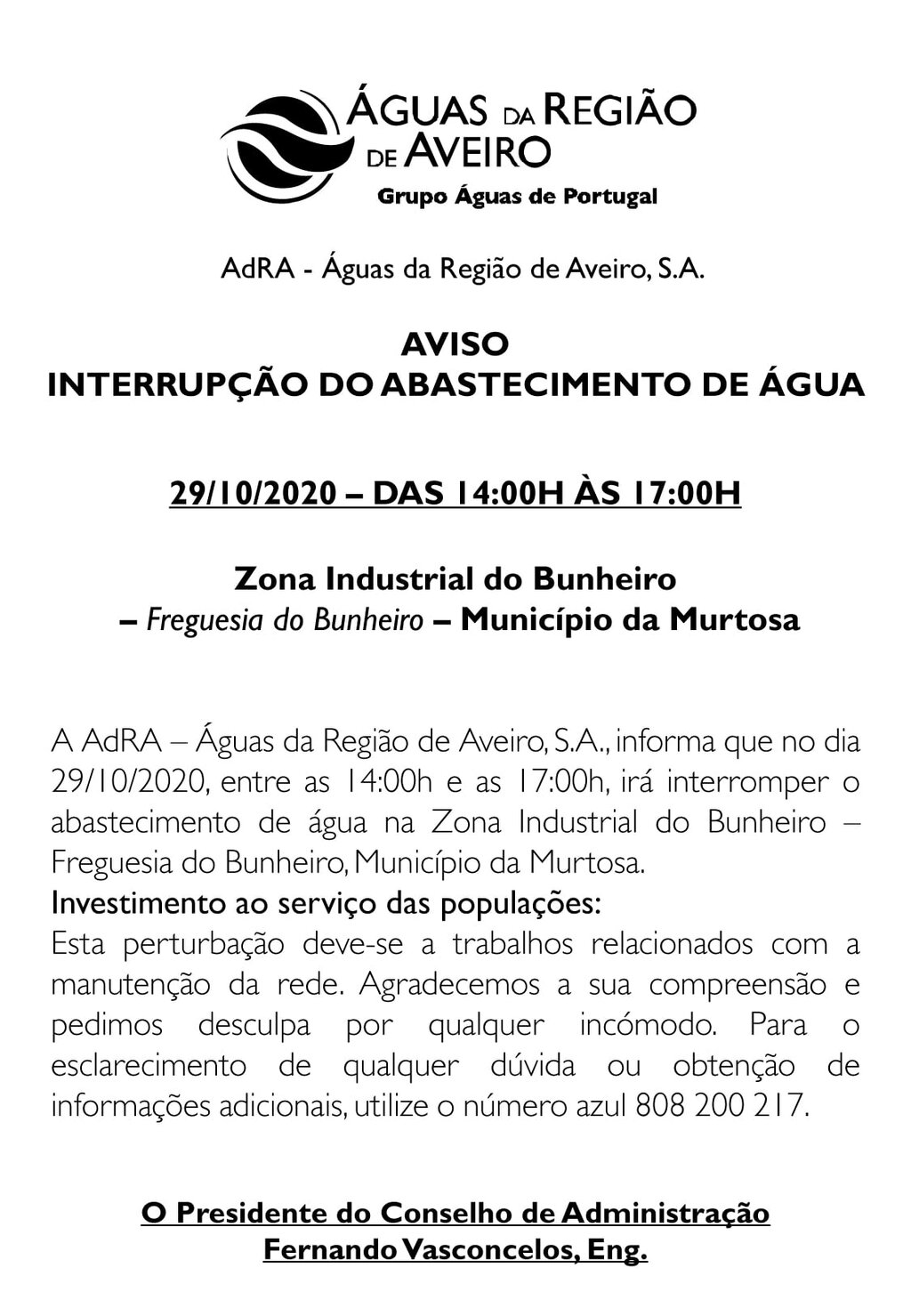 AVISO DE INTERRUPÇÃO DE ABASTECIMENTO DE ÁGUA – ÁGUAS DA REGIÃO DE AVEIRO