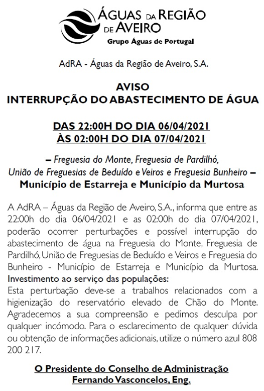 AVISO DE INTERRUPÇÃO DE ABASTECIMENTO DE ÁGUA – ÁGUAS DA REGIÃO DE AVEIRO