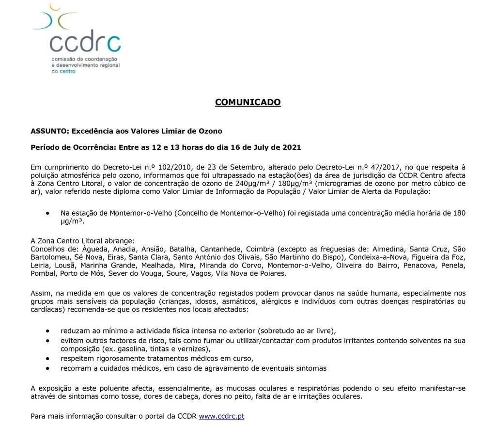 Comunicado: excedência aos valores limiar de ozono