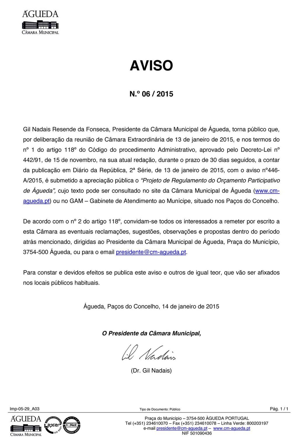 Projeto de Regulamento do Orçamento Participativo de Águeda