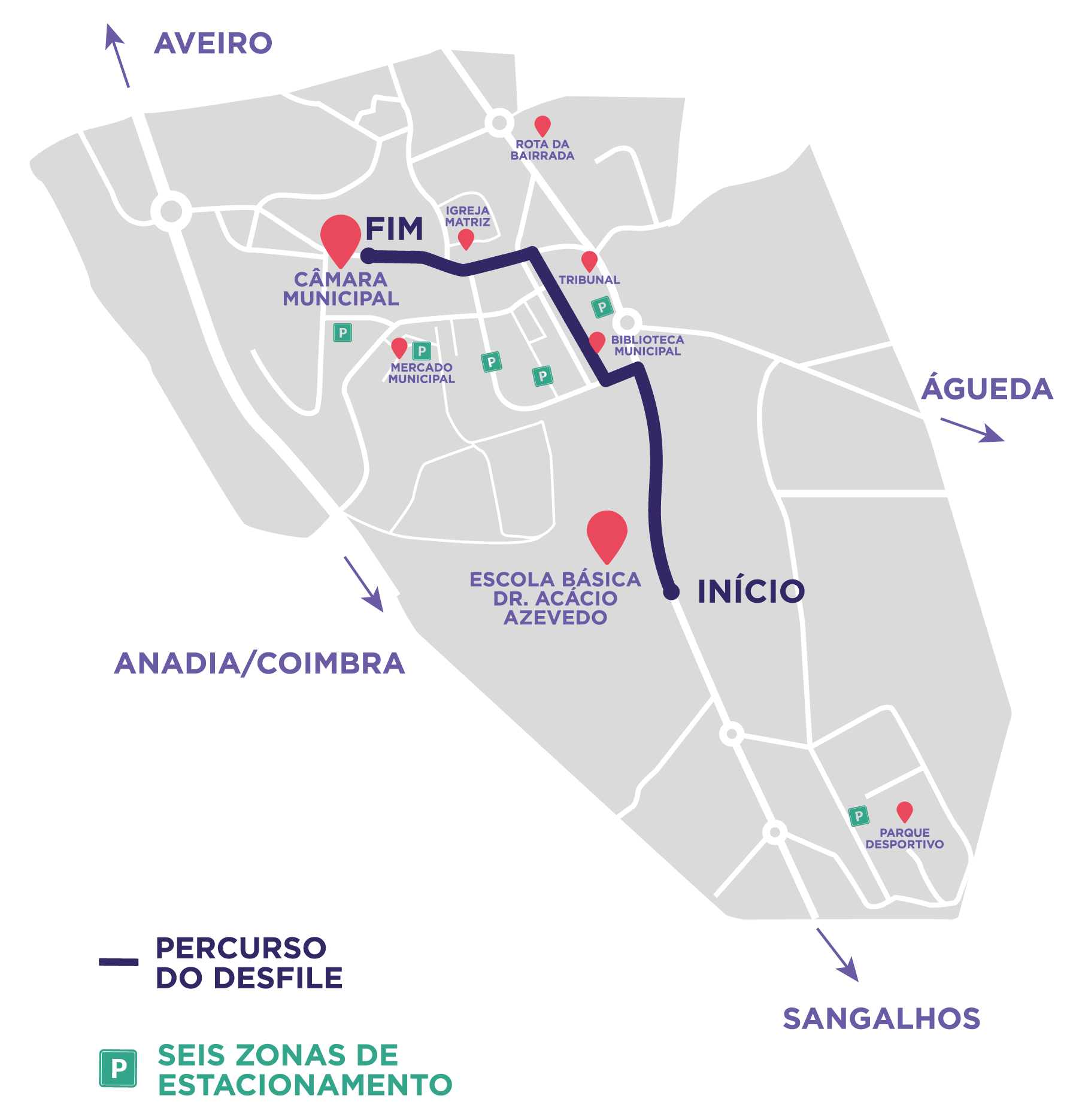 Imagem com o percurso do corso na cidade de Oliveira do Bairro