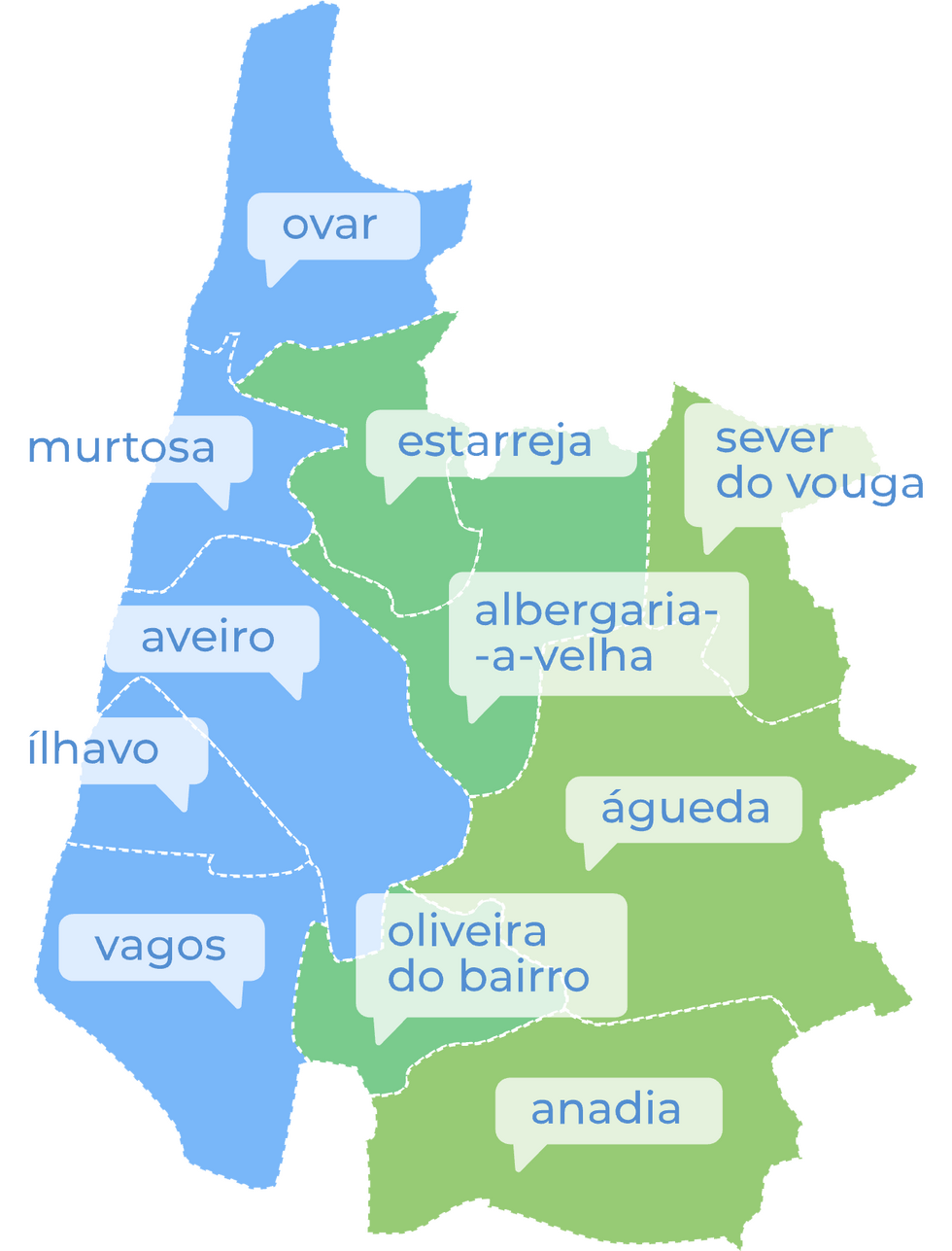 Mapa da Regi&atilde;o de Aveiro com indica&ccedil;&atilde;o dos Munic&iacute;pios (pormenores na lista abaixo)