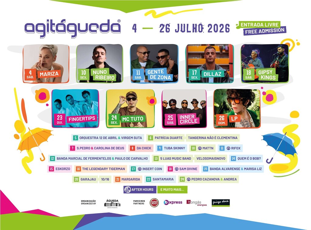 Cartaz de programa&ccedil;&atilde;o do Agit&Aacute;gueda, de 4 a 26 de julho de 2026, com entrada livre. Mais informa&ccedil;&otilde;es abaixo.